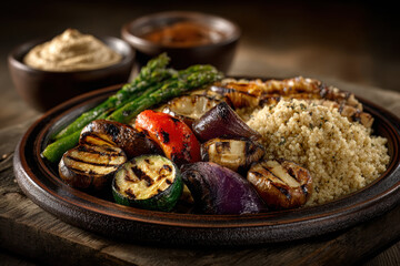 Grilled vegetables and quinoa served with sauces on a rustic table