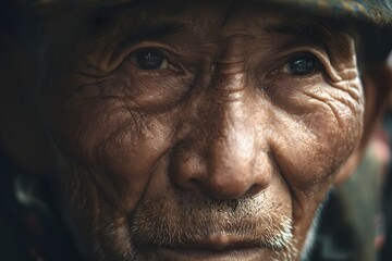 Intense close-up of an old man's face shows character and age
