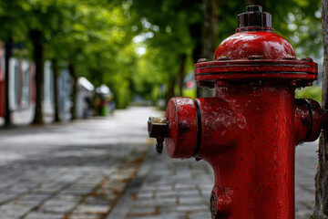 Red fire hydrant beside a tree-lined street on a sunny day