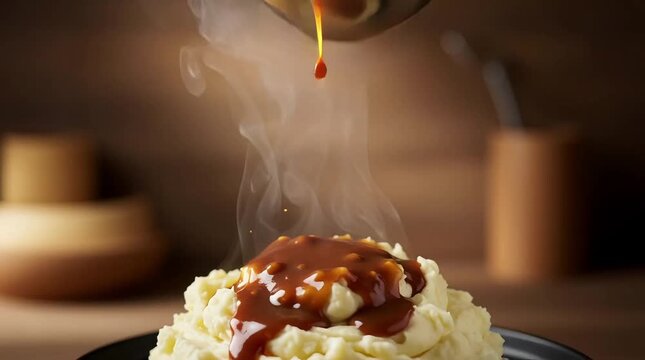 A close-up of a spoon pouring rich, thick gravy over creamy mashed potatoes, with a rustic wooden background