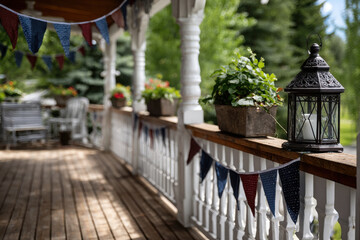 Charming porch with lantern and colorful bunting in a serene garden setting