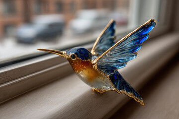 Colorful glass hummingbird ornament on a windowsill with soft sunlight