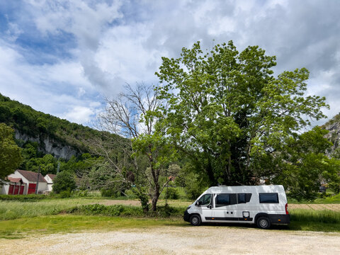 Camper Van Parked near Green Tree in French Countryside near Cabrerets