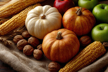 Autumn harvest display with pumpkins, apples, and corn in a rustic setting