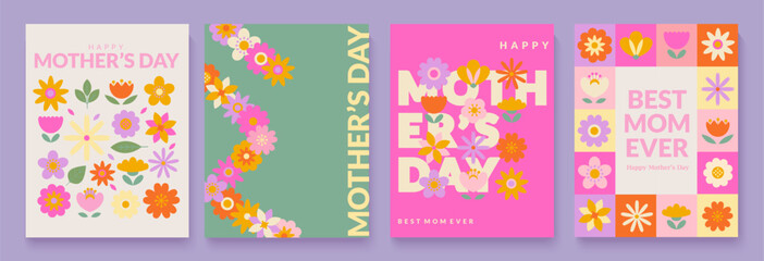 Springtime flyers for mothers day. Greeting card for happy mom holiday with spring flowers. Template for your design, web,banners, posters,social media, sales.Spring cards with floral elements. Vector