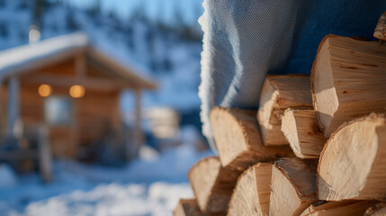 Side view of a firewood pile under a snow-dusted tarp, visible ends of split logs showing rings and grain, rural backyard with wooden shed in distance, calm winter mood, sustainabl