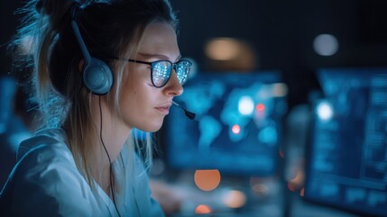 A woman sits at a desk in a dark office wearing a headset. She focuses on multiple computer screens showing data and maps. The environment is busy and intense late at night.