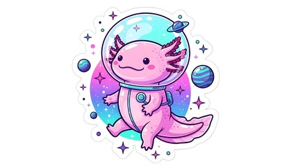 Adorable pink axolotl wearing a space helmet and suit, floating in outer space surrounded by colorful planets and stars. Kawaii style vector illustration.