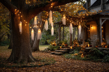 Halloween decorations with ghosts and lights in a cozy yard setting