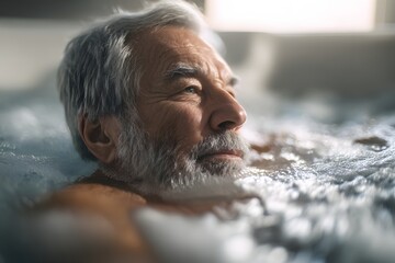 Contented older man soaking in the warm bubbly water of a hot tub