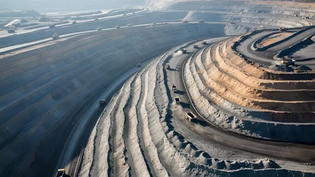 Heavy haul trucks moving on terraces of open pit mine. Aerial view of quarry works. Mining industry and resource extraction.