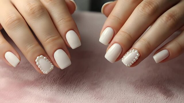 Woman with fresh white manicure nails decorated with pearls, a beauty trend and nail care concept designed for elegant style