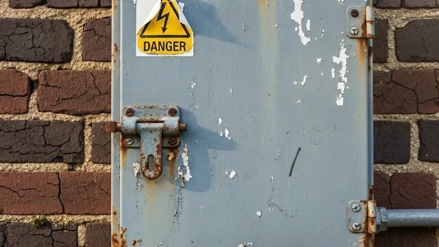 Old Rusty Electrical Service Panel Mounted on Brick Wall with Danger Sign and Padlock.