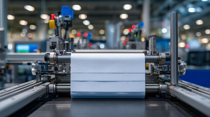 Macro perspective of nonwoven mask fabric under tension on processing equipment, fine fiber structure visible, stainless steel components reflecting cleanroom lights, healthcare ma