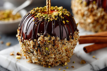 Indulging in gourmet chocolate-dipped caramel apples at fall festival