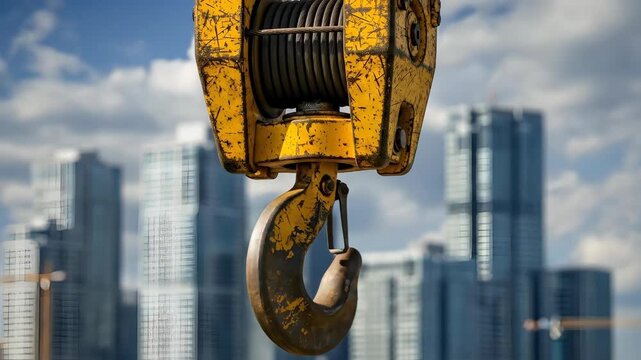 Yellow crane hook with wire rope on construction site. Urban city building background for engineering and development concept.