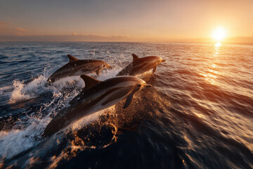 Dolphins leap joyfully at sunset in open water during coastal adventure