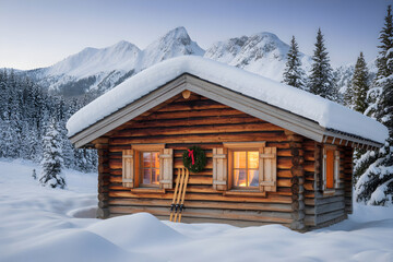 Cozy log cabin glowing in snowy winter mountains