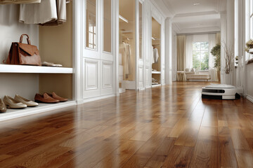 Stylish hallway with polished wood floors and modern decor in a cozy home