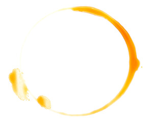 Coffee cup stain isolated on a white background, top view. Round trace of spilled coffee.