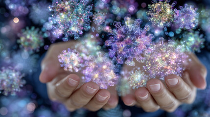 Close-up of open hands cupping abstract virus-like particles, semi-translucent textures and vivid colors, smooth skin tones, dreamy soft-focus backdrop, circular bokeh highlights,