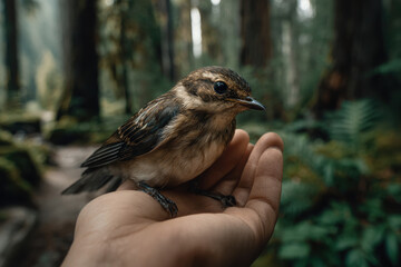 Bird resting calmly on a person's hand in a lush forest