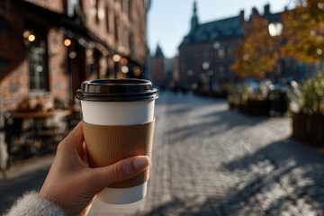 Morning coffee in a charming city street with warm sunlight