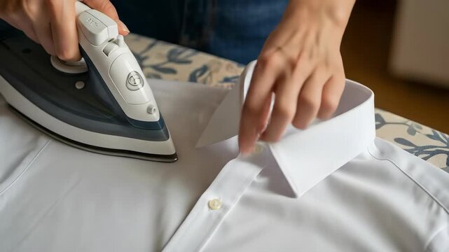 Woman ironing a white shirt, detail shots of pressing the collar and button placket for household chore concept.