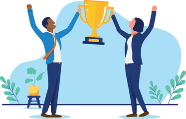 Businesspeople celebrate success with a golden trophy, symbolising achievement, victory, award, corporate triumph, and winning in business. Flat design vector illustration graphic on white background.