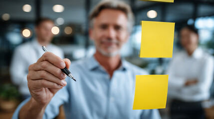 Hands writing on sticky notes during brainstorming session, close-up perspective, blurred team members in the background, sunlight filtering through windows, innovation, leadership