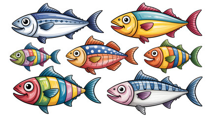 Fototapeta premium Colorful cartoon fish set representing marine life