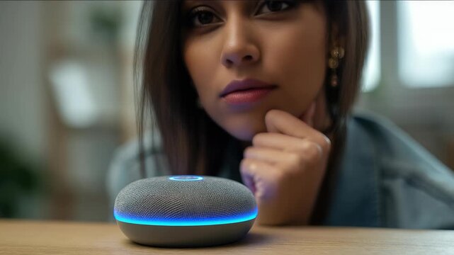 Close up of a smart speaker with a woman in the background, highlighting the use of AI voice assistants in daily life. The scene conveys innovation and smart home trends