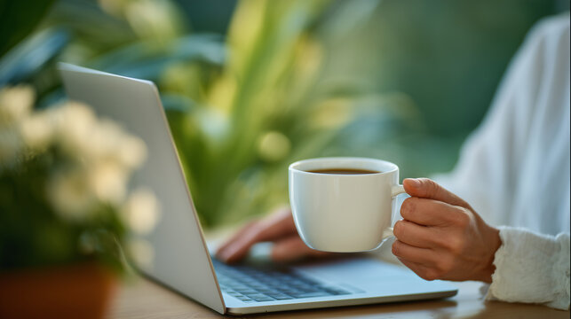 Close-up of hands holding a cup of coffee over a laptop keyboard, blurred family photo and indoor plant in background, soft morning light, work-life balance, productivity and perso
