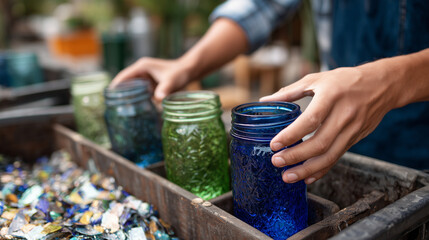Close-up of hands placing glass jars into a collection bin, reflections and textures on glass visible, blurred outdoor recycling station behind, recycling, circular economy, and su