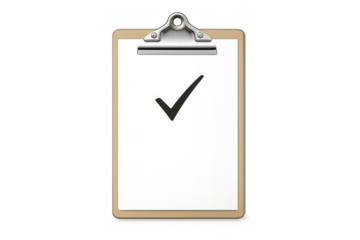 Clipboard with checkmark on blank paper representing task completion, success, approval, and verification on transparent background