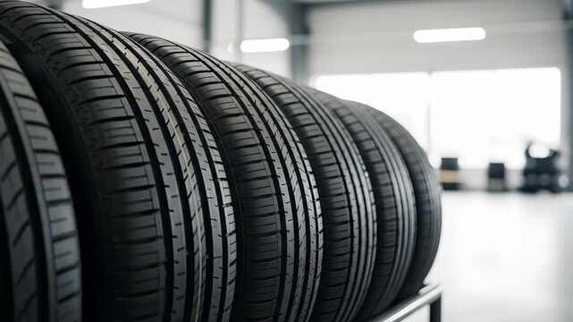 New car tire storage rack in service station. Vehicle maintenance and repair shop concept.