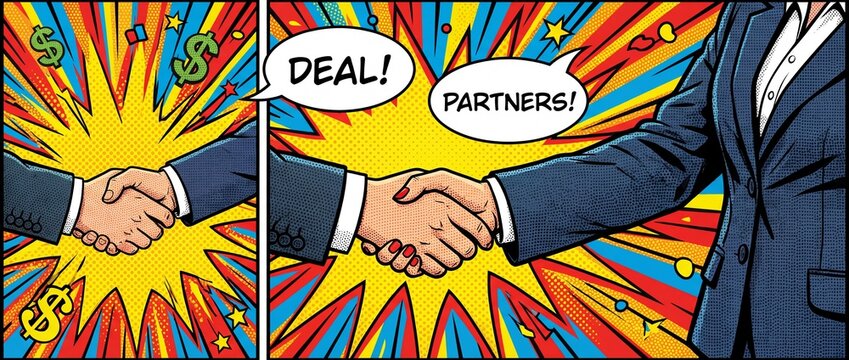 business people handshake deal agreed pop comic art style background