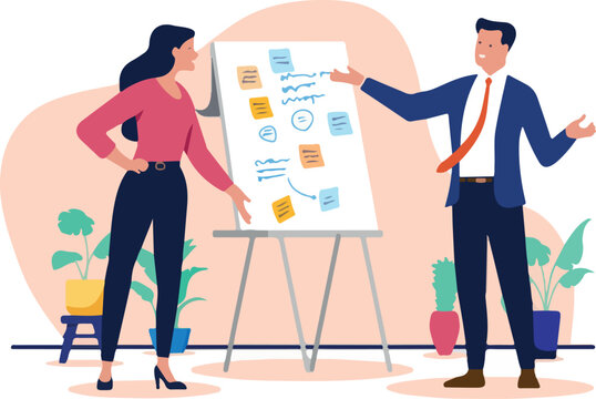 Businesspeople with flipchart - Two people, man and woman in workshop using sticky notes and scribbles to solve project problem, discussing and talking. Flat design vector illustration graphic.