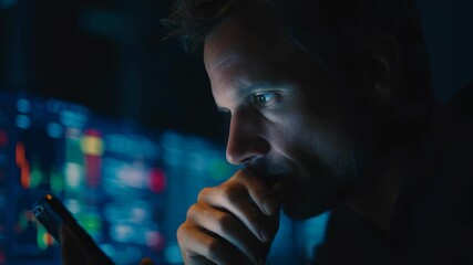Focused man analyzing smartphone data in a dark room with digital screens displaying colorful analytics in the background. Modern technology and business intelligence concept - Powered by Adobe