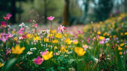 Bright flowers in various colors fill the floor of a forest in springtime. The scene shows vibrant blooms among green plants and trees under a clear sky.