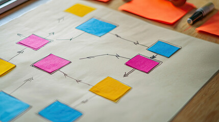 Diagram with colorful sticky notes and arrows, indicating planning or brainstorming AI Generative
