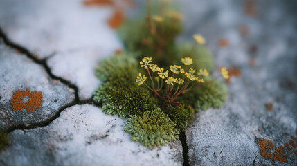 Close-up of stone surface with lichen and moss textures, detailed cracks and organic growth visible, soft-focus natural background, organic textures, macro patterns, and natural ma