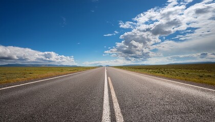 expansive roadway under a vast blue sky with fluffy clouds above capturing the essence of freedom and adventure in a serene landscape