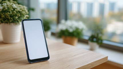 Detailed close-up of a smartphone lying on a blank desk, isolated composition, soft shadows, minimal background with copy space, technology mockup, and clean stock photography them