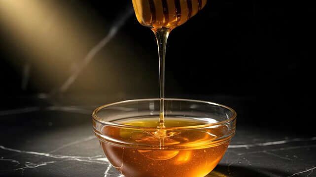 Honey dipper pouring golden liquid honey into a glass bowl for natural sweetener use. Food ingredient for healthy eating.