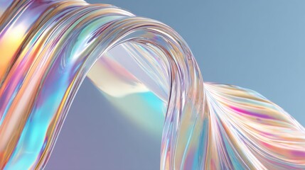 A transparent material bends and flows smoothly showing vibrant colors from light reflections. The scene showcases creativity and artistic design in a simple setting.