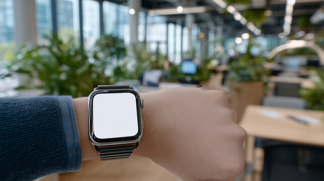 Detailed close-up of a smartwatch with blank display on a wrist, subtle reflections visible, blurred office or gym background, devices with empty screens, wearable technology, and - Powered by Adobe