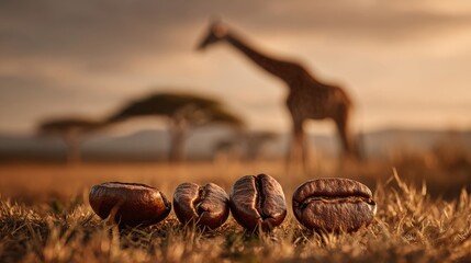 Roasted African coffee beans lying on dry savannah grass with blurred giraffe silhouettes and acacia trees in the background during warm sunset light.