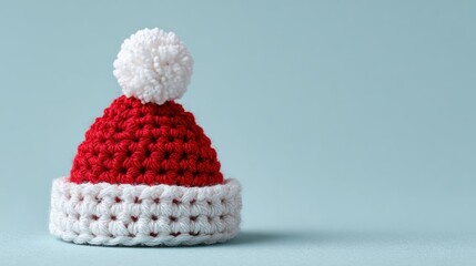 A red and white handmade knitted Christmas hat with pom pom placed on a pastel blue background with copy space.