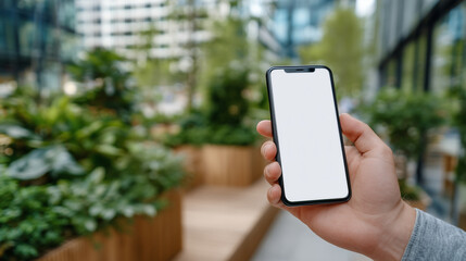 Macro shot of a smartphone held in hands with empty screen, blurred background creating negative space, soft natural light, copy space compositions, mobile technology, and versatil
